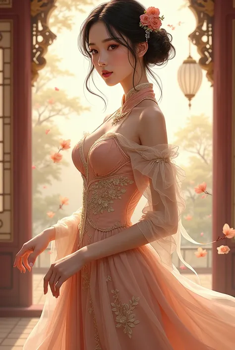 "A semi-realistic illustration of a stunning Asian woman embodying elegance and timeless beauty. She wears a unique dress that blends Victorian fashion with traditional cheongsam elements—a high collar, fitted bodice, and flowing Victorian-style skirt with...