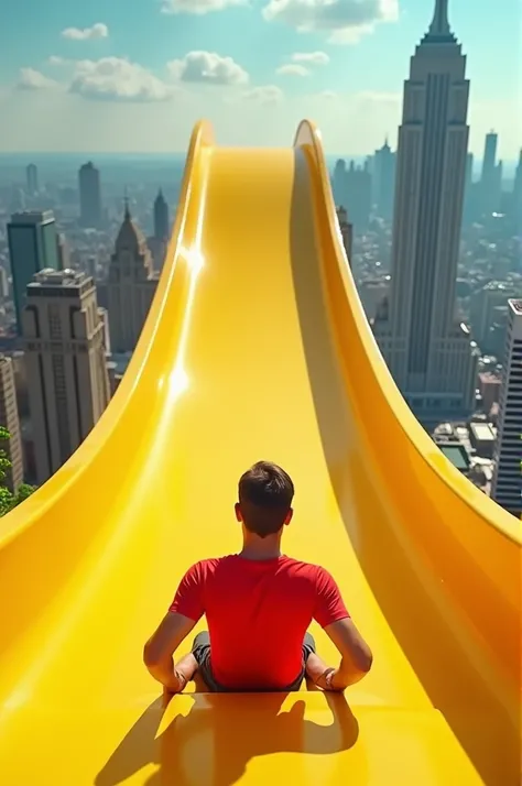 This thumbnail shows a YouTube-style thumbnail featuring a person, possibly a content creator, on a massive, looping yellow water slide with a cityscape in the background. The slide appears to be very high above the buildings, creating a surreal and thrill...