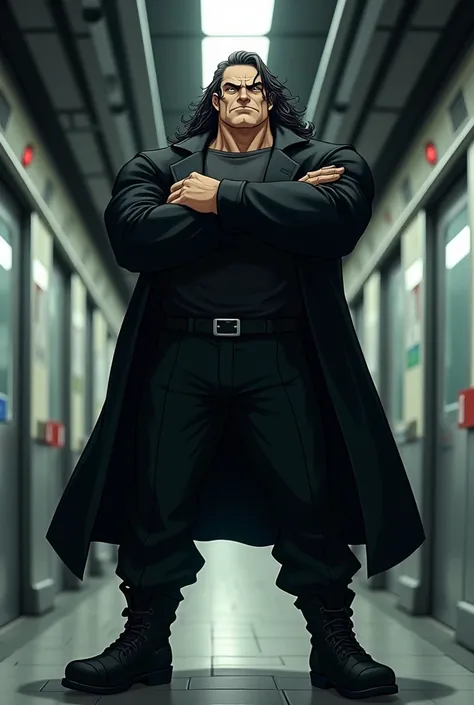 very tall man, he is strong, his muscles are visible, he wears a black overcoat, black shirt, black pants and black boots, he has both arms crossed, his hair is long down to his back and wavy, his jaw is square, middle age, subway setting, stylized anime a...