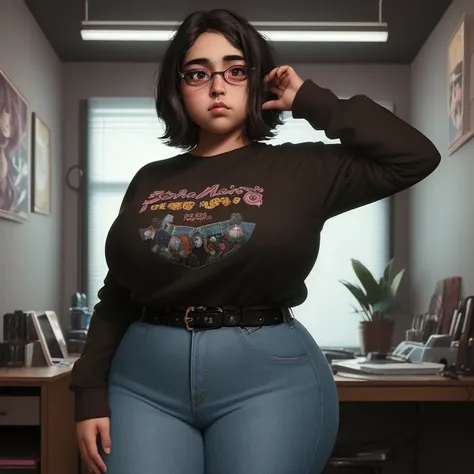 90s dark vintage film style, A Yuridia petite cute Nerdy skinny emo mexican teen, short volumetric emo style hair, beautiful detailed brown eyes, cutely detailed lips, cute highly detailed eyes and face, huge voluptuous breasts, wide fat pearshaped hips, t...