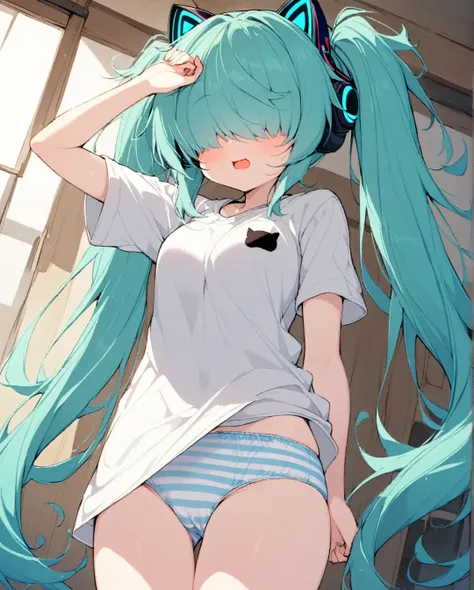 1girl,smile,cute袖,Hatsune Miku,(mekakure,hair over eyes),Cat ear headphones,cute,aqua hair,T-Shirts,striped panties,twintails,messy hair,sleepy,open mouth,standing,scratching own head,(Perfect hands, perfect anatomy)