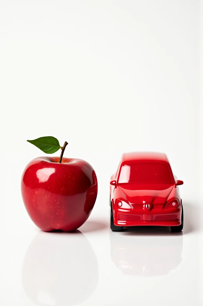 A high-resolution image of a red apple and a small red car facing each other on a white table. The apple has a glossy surface with a small green leaf, and the car is a compact model, shiny and new, with matching red paint. The background is minimal and bri...