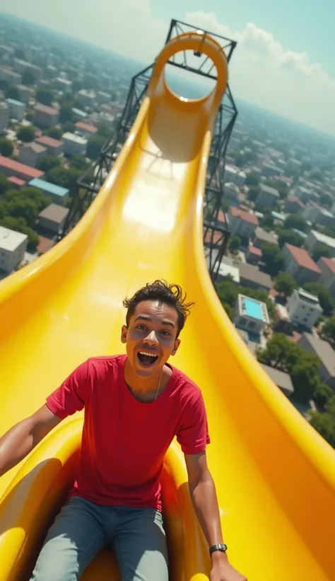 This thumbnail shows a YouTube-style thumbnail featuring a person, possibly a content creator, on a massive, looping yellow water slide with a cityscape in the background. The slide appears to be very high above the buildings, creating a surreal and thrill...