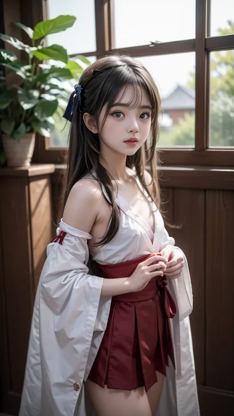 Beautiful girl in shrine maiden outfit, Baby Face, Outstanding Style, Ultra-detailed, long Hair, flat chest, Professional photography techniques, Cinema Lighting, Highest quality, masterpiece, 8K, RAW Photos