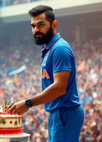 Create a image in which virat kohli cutting a cake in a cheering stadium solo