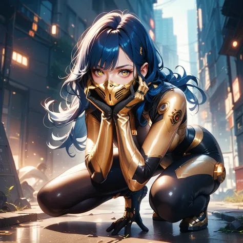 1 woman with darkblue hair, gold tech eyes, gold mask over mouth, tight bodysuit gloves, nightcity cyberpunk backdrop, golden tech arms, crouching
