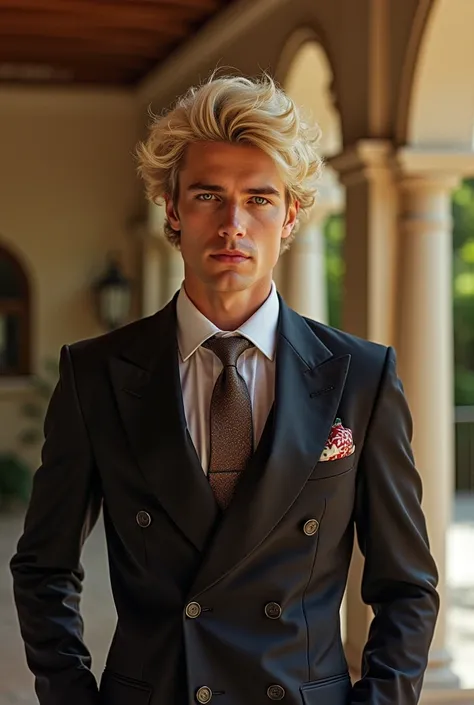  blond man,  of medium size hair, half straight and half curly , with a perm hair suit from the 80s , in a mansion in the Hollywood Hills in the year 1985
