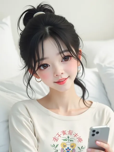 (high quality, 8k, 4K, High Contrast, masterpiece:1.2, 最high quality, Best aesthetics), ((1 female)), Black Hair, ponytail, Long sleeve T-shirt, T-shirt with illustrations printed on it, hot pants, Beautiful thighs, Sitting on the bed, Addicted to smartpho...