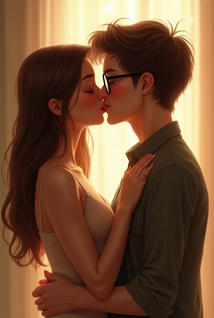 Beautiful girl with long straight hair of a brown skin tone kissing oh a boy with glasses and hair up to her ears
