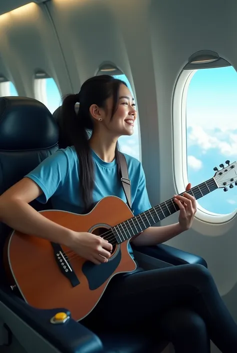 realistic, cinematic, Close-up, a beautiful Indonesian woman is playing the guitar on a flying plane, with a background of sky and clouds. She was wearing a blue t-shirt and black jeans, and sport shoes. She had long black hair that was tied up