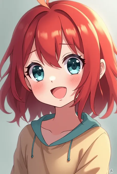 Female baby character in the style of the anime Naruto, Shoulder-length red wavy short hair, with crystal blue eyes . With a smile