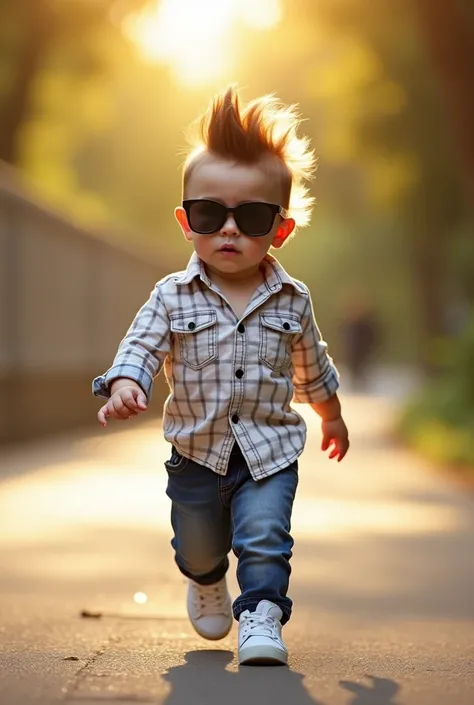 Create a highly detailed image of a young toddler walking confidently with a cool attitude. The  has a bold, spiky mohawk hairstyle and is wearing black sunglasses, giving them a rockstar look. They are dressed in a casual, stylish outfit with a light chec...