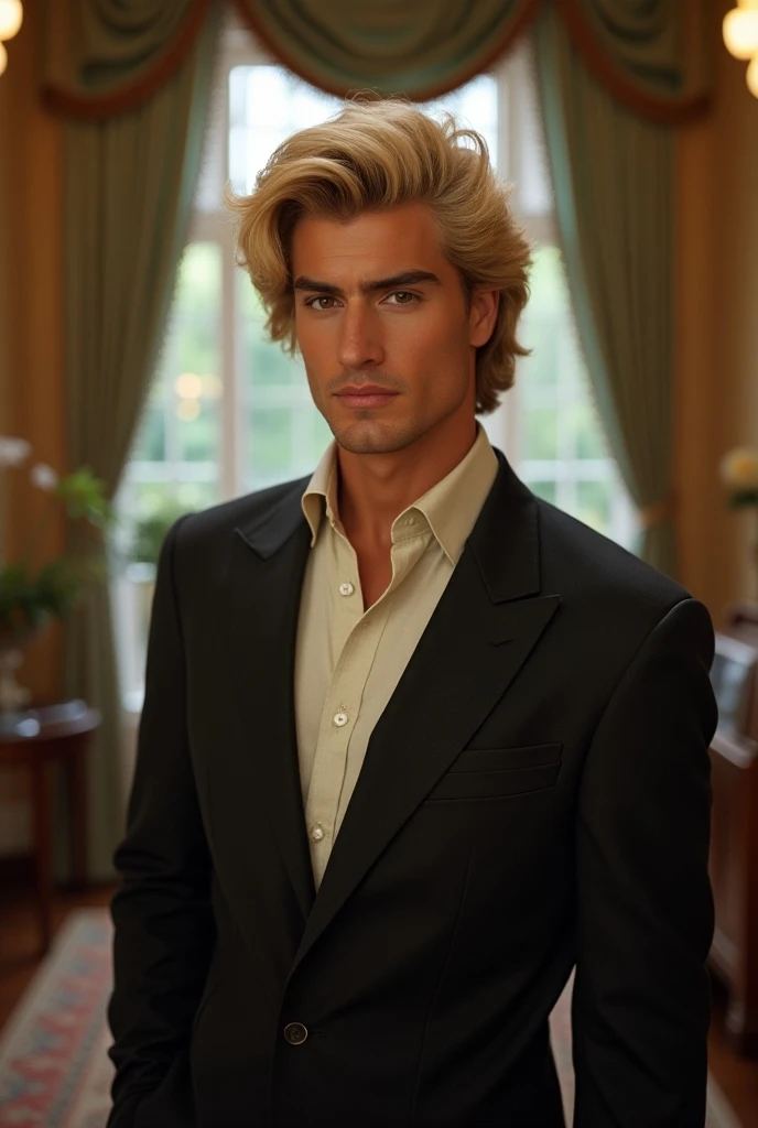  blond man,  to medium size hair, half straight and half curly , of brown eyes, From the blonde eyebrow , with a perm hair suit from the 80s , in a mansion in the Hollywood Hills in the year 1985
