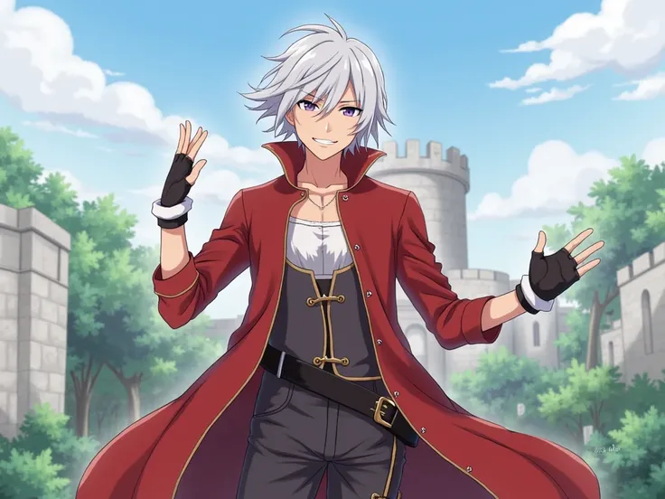 anime, solo, male focus, 1boy, dmc3dante, smirk, closed mouth, foreground, looking at viewer, red coat, bandeau, fingerless gloves, pants, outdoors, castle 