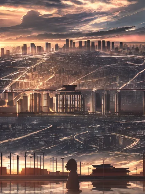  Japanese cartoons ,contour,1 Girl, Star (Sky), cloud,  earphone、 train 、Cityscape, architecture, City, Outdoors, Skyscraper, City lights, night, night Sky, Sunset, Skyline