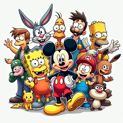 I would like to generate in the center the word SpanglishToons and around famous cartoons that include Mickey Mouse - Disney
Bugs Bunny - Looney Tunes
Bart Simpson - The Simpsons
SpongeBob SquarePants - SpongeBob
Goku: Dragon Ball
Popeye
Tom and Jerry
Scoo...