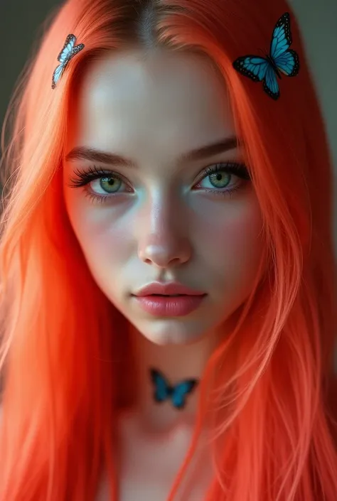 a beautiful young woman,dovecameron ,tender,pale white skin, green eyes, long hair like Rapunzel long straight white with neon red and neon orange reflections, long eyelashes , blue butterfly tattoos ,