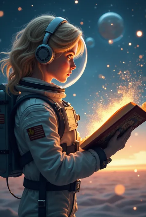 Generate a blonde female astronaut in profile. Watching from outer space sitting reading a book the wonderful universe of magic
