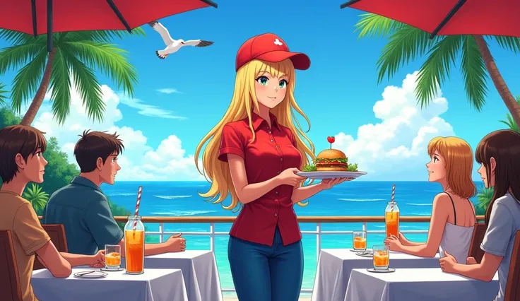  A golden-haired waitress girl ， wearing red work clothes, blue jeans, red hat， holding a plate with a burger and coconut water drink in her hands ，Cooking for a bunch of couples ， The background is a cruise restaurant on the sea , Seagull，Palm Trees，The s...