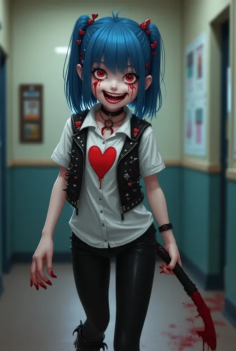 vibrant slender girl with a wretched and wretched smile with blood stains short blue hair with a heart brooch in her hair with a necklace of hearts with black latex pants with a white shirt with a heart split in half with a black vest with spikes and black...