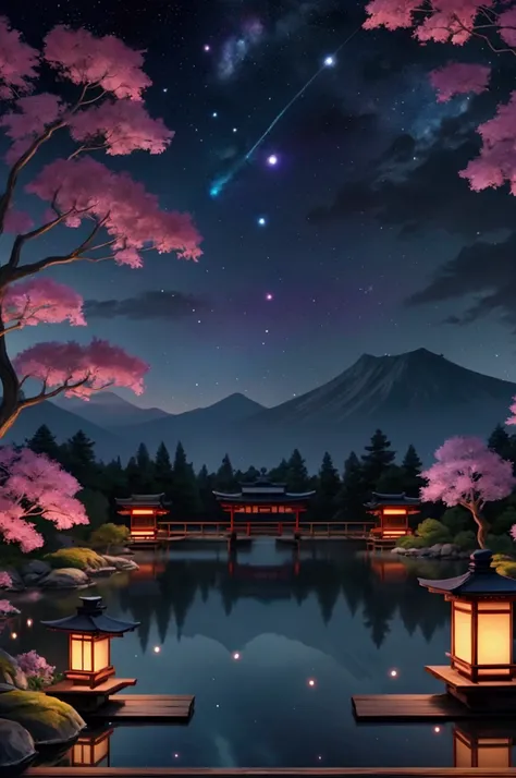 a nightscape inspired by japanese art, with a garden lit by paper lanterns and a wooden bridge over a tranquil lake. the starry ...