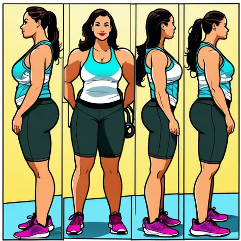 Exceptionally tall woman. 6ft 10in tall, 290lb weight. Chubby but athletic. Broad, strong back and shoulders. Toned hip abductor and hip adductor muscles. Broad chest with humongous,  swollen breasts. Thick thighs. Athletic shorts and tank top. Gym teacher...