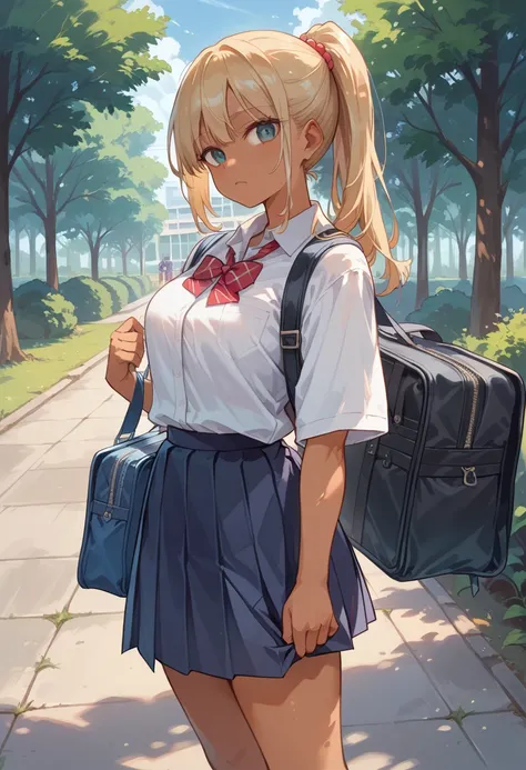 masterpiece, best quality, ultra detailed,1 girl, ,high school girl,((nsfw)), outdoors, high school uniform, tan skin, ponytail,