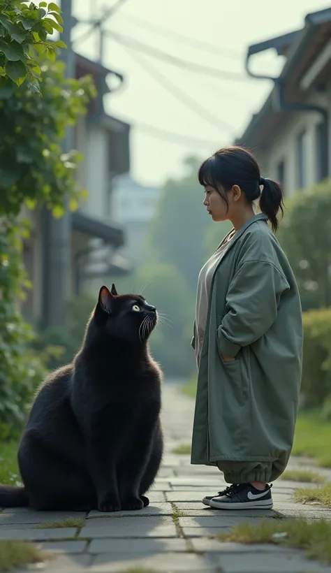 Realistic、 super real 、High image quality、8k、A very fat black cat looks up at the very fat young Japanese woman next door with a sad face