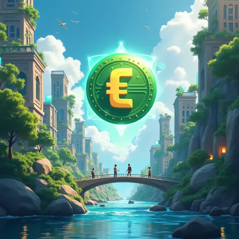  A futuristic digital illustration highlighting the token  $ecol,  where the traditional dollar sign symbol  ($) is replaced by the letter E ,  representing ecology and economy .  The token floats in a sustainable city environment ,  with buildings covered...