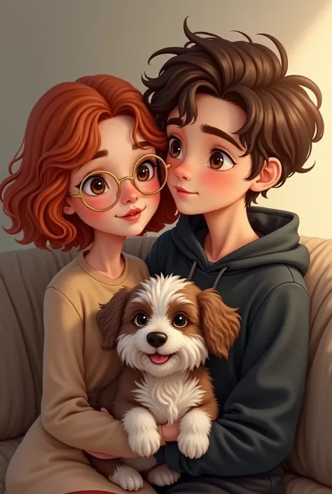 Create a couple of a girl with short curly copper hair who wears golden glasses ,  a brown-haired boy with a black sweatshirt and a small dog with curly brown fur, gray and white