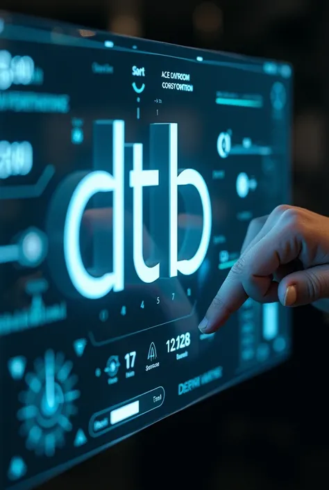  realistic effect  manipulates a transparent digital screen that is high ,  and the screen has white neon letters the screen has buttons and numbers around it "DTB " with a realistic digital effect  