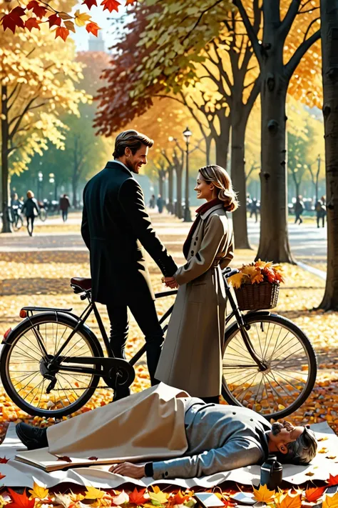  masterpiece ,  better quality,
 movie frame , realistic, portrait, A woman and a man,  both holding hands ,  there is a bicycle lying in the background , Its in a park in autumn ,  there is a bench where a book is and the sheets of it are being carried aw...