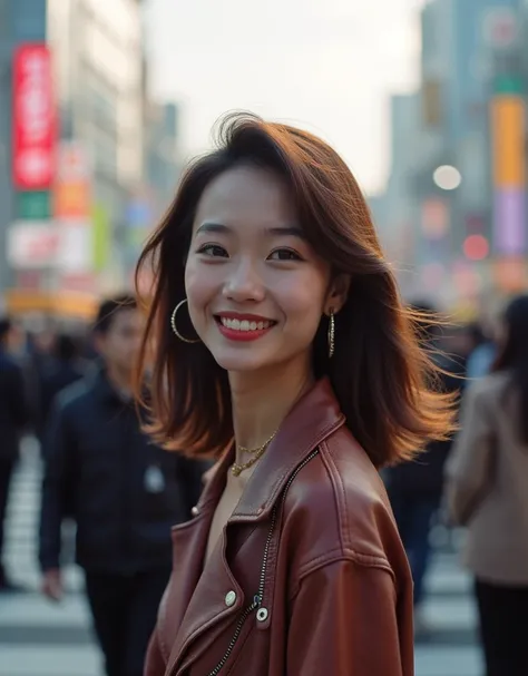 Vietnamese most beautiful short hair woman, 1 , street dancer,at shibuya crossing , wearing street autumun fashion , smiling , at moring, long hair, 35mm film, street photography, simple natural light, film still, shaped bokeh