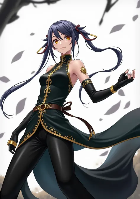 Long, glossy, Dark purple hair tied to a low twin-tails, gold eye color ,black Harem pants, gold O type belt Mandarin black and gold sleeveless coat with unified tail, black detached sleeve/arm warmers