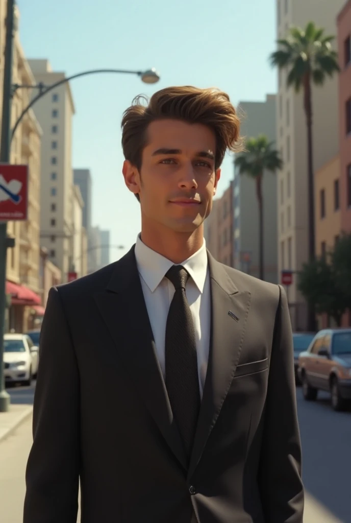  blond man,  of medium size hair, half straight and half curly , of brown eyes, with suit, In the year 1985, in Los Angeles
