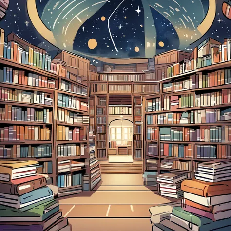 create an image of a library in the middle of the universe with many books in a drawing format with bright colors