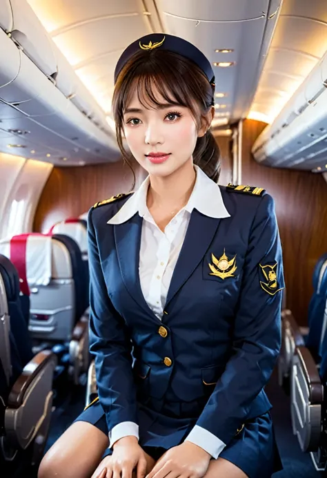 (masterpiece:1.2, best quality), 1 female, alone,  cabin attendant, uniform, plane,  serving passengers, providing safety instru...