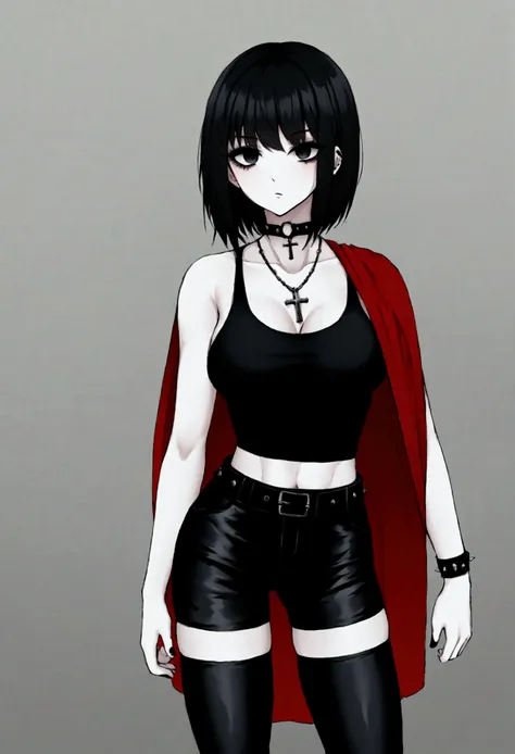  Gothic woman with snow-white skin,  medium short and messy black hair wearing a crucifix necklace and black tank top and black leggings and gothic belt, holding Supergirl uniform , In an anime-style spaceship corridor