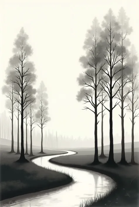 A curved road ， is flanked by tall poplars，Ink Painting