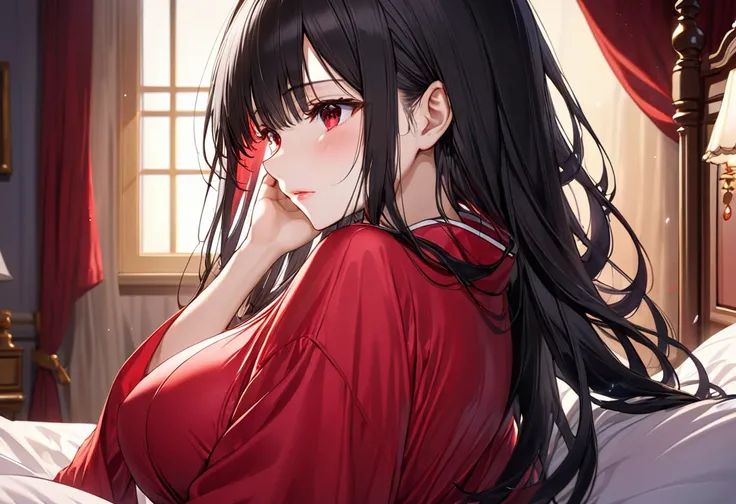 (delicate illustration), (solo, profile:1.3, closed up face), (age 18), (vivid hime cut) (vivid black hair delicate long hair) (best cool beauty girl), (best cool red eyes), (cool and sexy glossy lip), (Depressed face), (best big tits), in a red beautiful ...