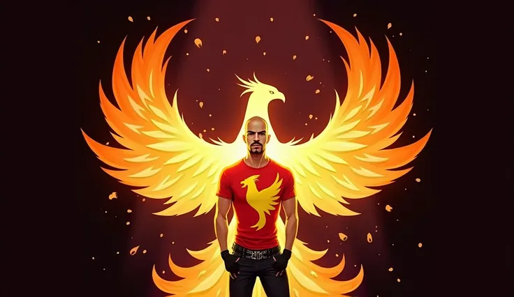 The image features a young, smoothly bald headed, slender fair skinned Puerto Rican man with a slight goatee standing confidently in the foreground. He is dressed in a fitted, bright red T-shirt emblazoned with a large, bold yellow phoenix emblem in the ce...