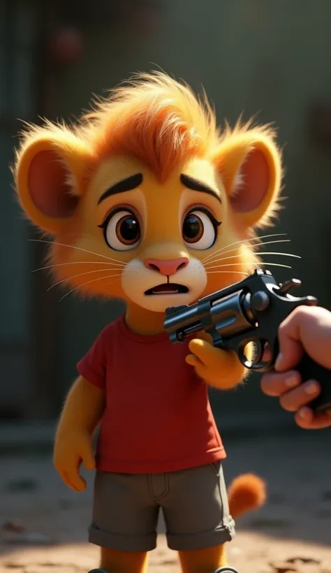 3d pixar style cute lion cub with a large fluffy mane and expressive, scared and scary eyes, wearing a red shirt and grey Shorts, lion cub is Step 9:
Scene: Sheru is given a revolver as a sign of trust by the gangster boss.
Description: The camera focuses ...