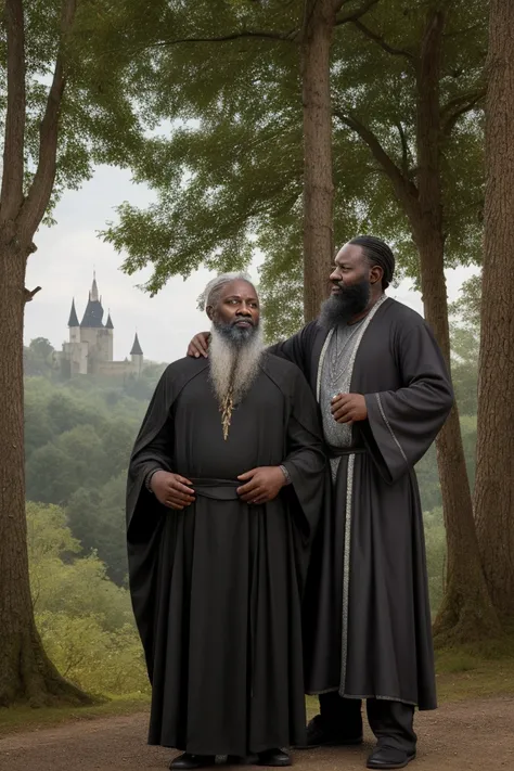 Masterpiece, best quality, 1300s clothing, family portrait painting, 30 year old curvy masculine black woman wizard in modest classic wizard robes and her 50 year old handsome black father wizard with short silver hair and beard, wizard tower and forest in...