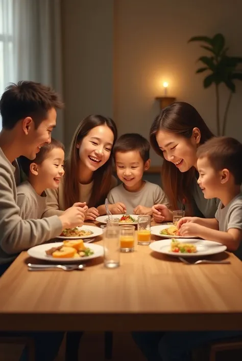 Creates an image of a family at a dining table gathered together smiling happily