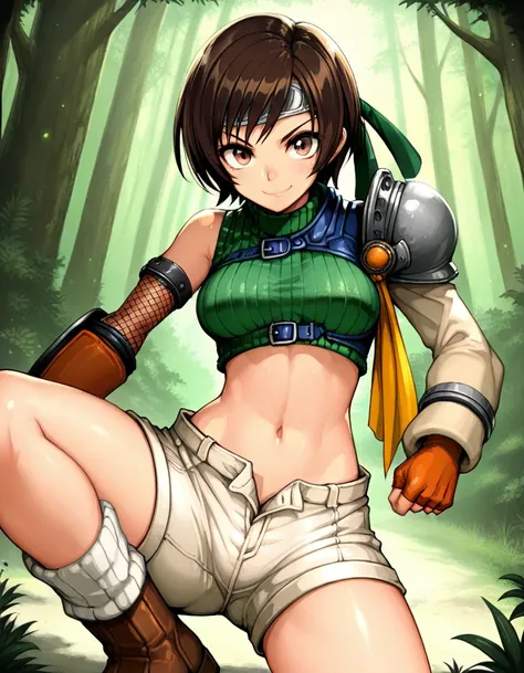 (masterpeace,Best Quality),(absurdres),(source_anime),highly detailed, BREAK 1girl, yuffie kisaragi, final fantasy, short hair,headband,navel,sleeveless,turtleneck,brown eyes,sleeveless turtleneck,solo,breasts,looking at viewer,smile,gloves,crop top,brown ...