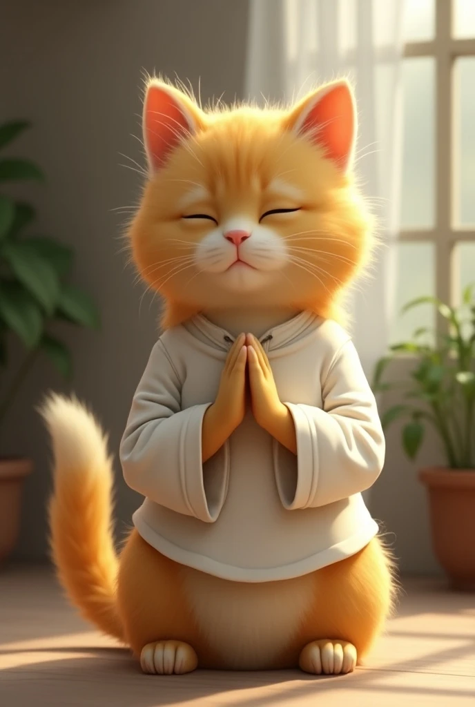 A yellow cat wearing a white shirt prays