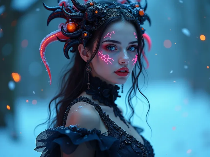 halloween, magical beauty, neon,  photorealistic ,  Beautiful woman , в halloweenском костюме,  full length,  high quality, 4K, face tattoo ,  snow , neonовые частицы