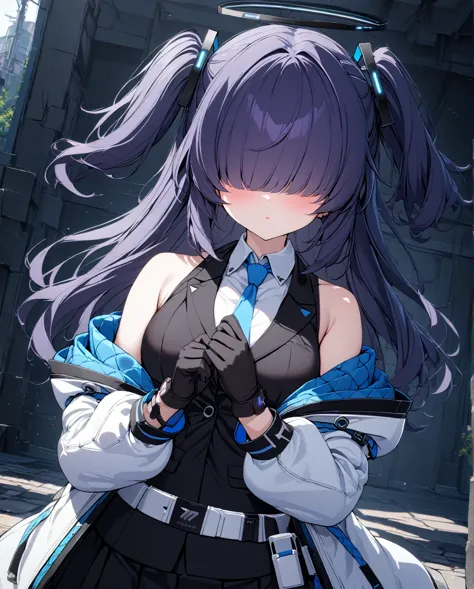 1girl,(mekakure,hair over eyes),bluearchiveYuuka,Yuuka,halo,Purple Hair,Both sides up,Long Hair,break belt,black gloves,black jacket,black skirt,blue tie,gloves,halo,jacket,tie,Off the shoulder,skirt,Double-sided fabric,two-sided jacket,White Belt,(white j...