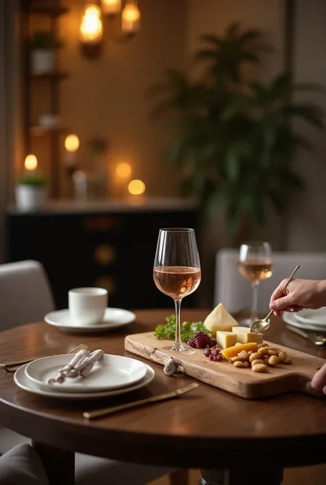 Video of A sophisticated table in a cozy house with a wine glass being filled next to a cheese board