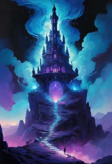 Mysterious Hilltop ， Portal to Another Dimension， Artwork inspired by Bill Sinkevich, Vector Art, Vibrant smoke ,  palette includes dark blue , Purple,  and electric tints ,  creates a feeling of awe and wonder .